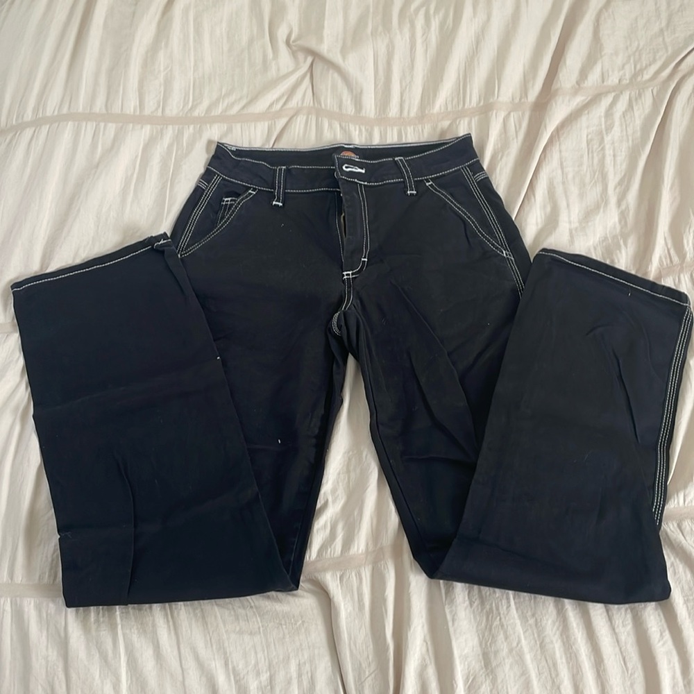 Dickies Women’s relaxed cargo carpenter pants black with white stitching loose